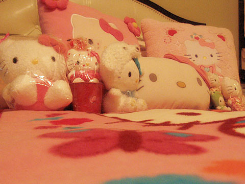 The pillow of Hello Kitty's face is from Mervyn's. The pink square pillow in 
